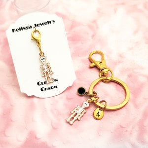 White Skeleton Keychain or Zipper Pull, White Skeleton Keyring, Optional Initial and Preciosa Birthstone, White Skeleton with Gold Base