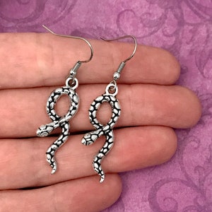 May include: A pair of silver snake earrings with a textured finish. The earrings are dangle style with a hook closure.