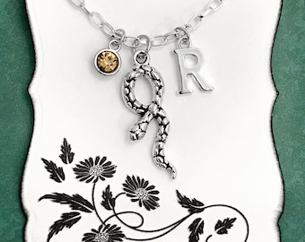 Snake Necklace Silver, Personalized Initial and Birthstone