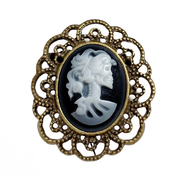 Lady Skeleton Cameo Brooch in Antique Bronze Tone, Gothic Cameo Skeleton Brooch Pin