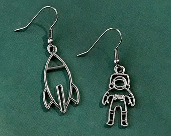 Rocket and Astronaut Earrings, Silver Mismatched Jewelry