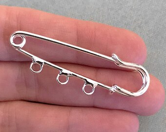 5 Silver Plated Kilt Pins w/ Charm Loops 2" x 5/8" Safety Pin Brooch