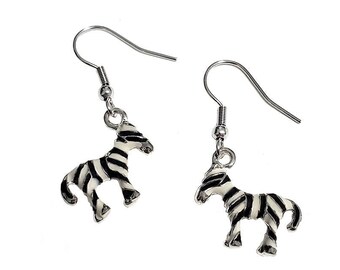 Zebra Earrings, 3D Black and White Enamel Zebra Earrings, Zebra Gift