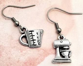 Silver Chef Cooking Earrings, Measuring Cup, Mixer