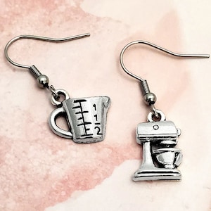 Silver Chef Cooking Earrings, Measuring Cup, Mixer