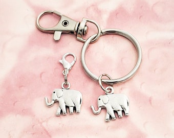 Silver Elephant Key Ring or Zipper Pull, Optional Personalized Initial, Birthstone, Elephant Jewelry