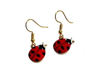 Ladybug Earrings, Red and Black Enamel Ladybugs with Gold Base, Insect Jewelry, Nature Jewelry