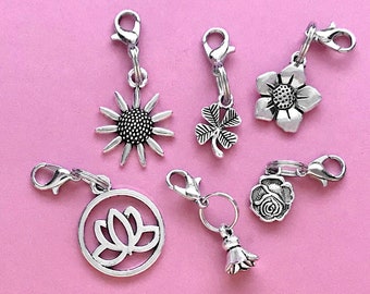 Clip On Charms Zipper Pulls Flower, Lotus, 4-Leaf Clover, Shamrock, Your Choice!