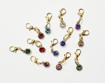 Birthstone Zipper Pulls Clip On Charms, Birth Stone with Gold Base, Personalized Zipper Pull With Birthstone, Your Choice!