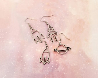 Rocket and Saturn Earrings, Astronaut Earrings, Spaceship Earrings, Space Earrings, Silver Mismatched Jewelry