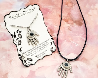 Hamsa Hand Necklace Evil Eye Necklace Antique Silver Tone Message Card Statement