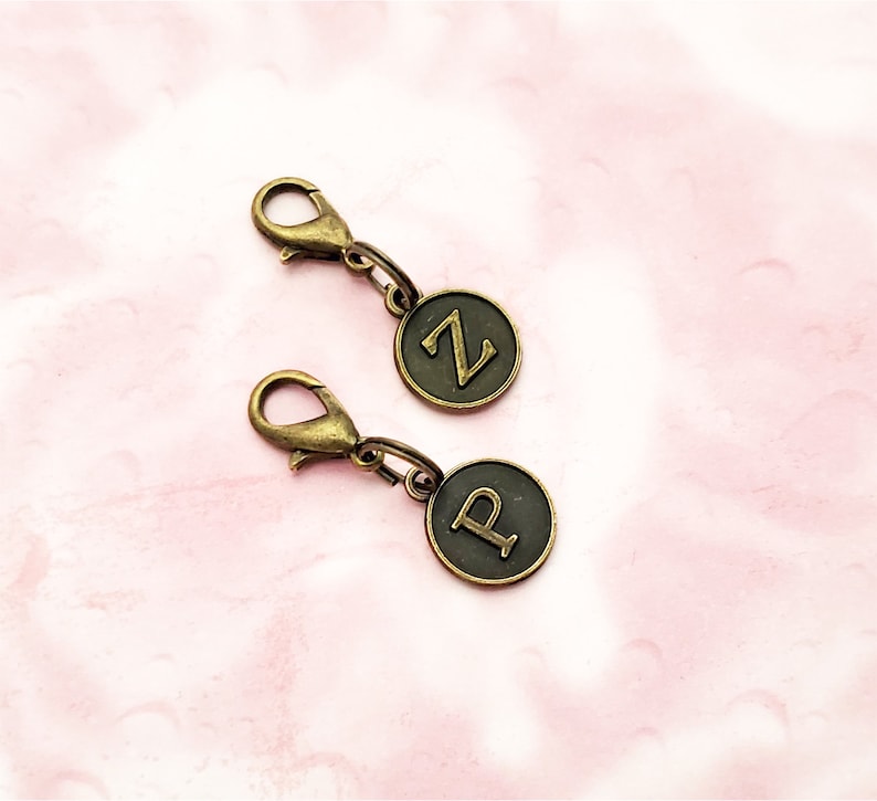 Bronze Letter Clip On Charms Zipper Pulls Initials, Antique Bronze Alphabet Letters, Personalized Zipper Pull With Initial image 6