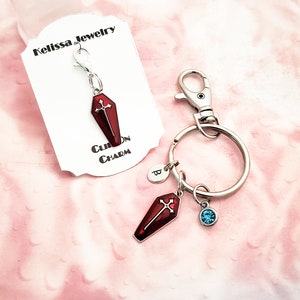 Red Coffin Zipper Pull, Red Coffin Keychain Keyring, Halloween Jewelry, Cross Coffin, Gothic Jewelry