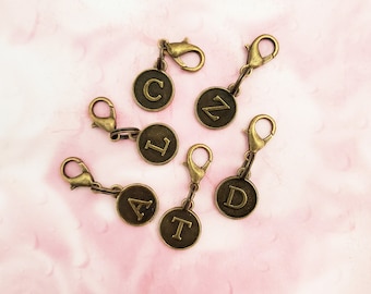 Bronze Letter Clip On Charms Zipper Pulls Initials, Antique Bronze Alphabet Letters, Personalized Zipper Pull With Initial