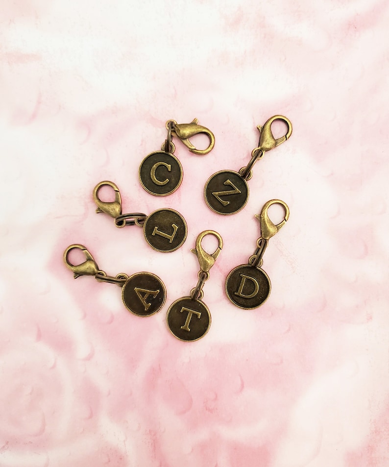 Bronze Letter Clip On Charms Zipper Pulls Initials, Antique Bronze Alphabet Letters, Personalized Zipper Pull With Initial image 1