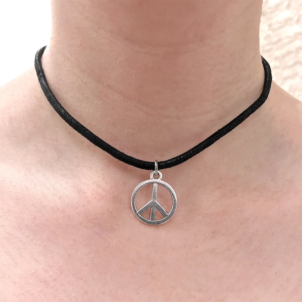 Peace Choker Necklace, Black Choker with Peace Symbol, Vegan Necklace