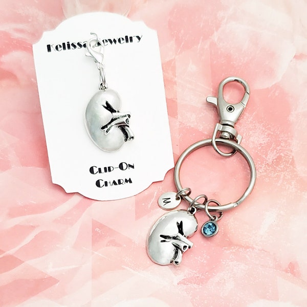 Anatomical Kidney Keychain: Silver Kidney Zipper Pull with Initial/Birthstone
