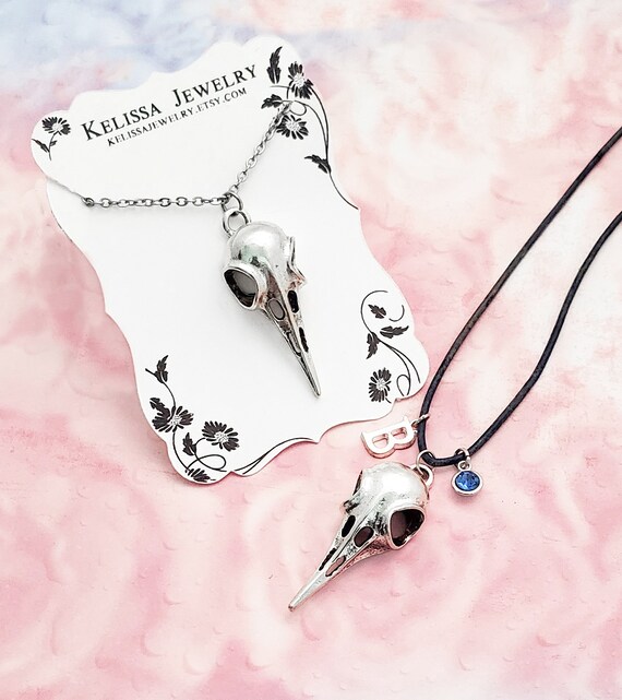 Raven Bird Skull Necklace, Silver Raven Skull, Gothic