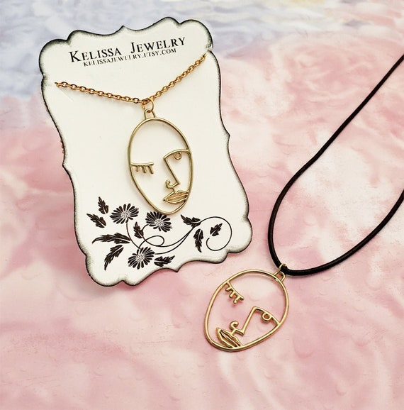 Gold Plate Wire Picasso Face Pendant Jewelry Winking Face Necklace Picasso Face Necklace Gold Plated Picasso Statement Artsy Necklace