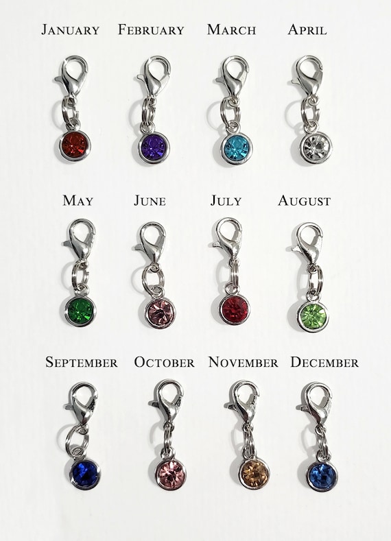 Birthstone Zipper Pulls Clip on Charms, Birth Stone With Silver
