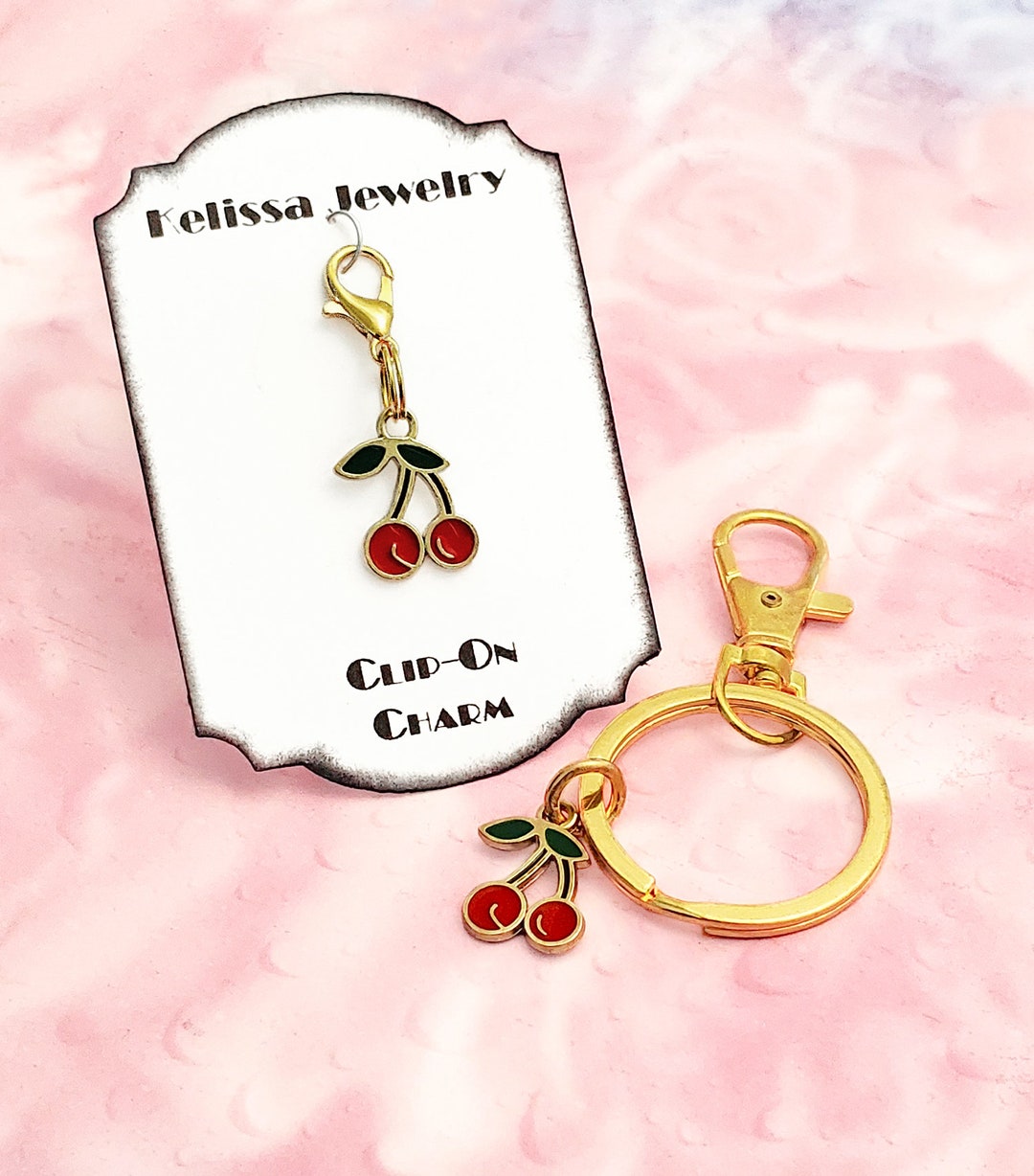 Cherry Keyring Keychain, Cherry Zipper Pull, Initial Keychain, Birthstone Keyring, Cherry ...
