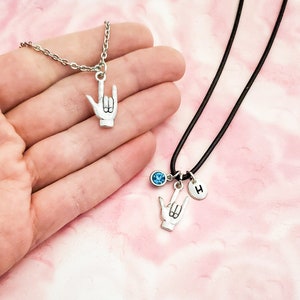ASL I Love You Necklace: Silver Hand Sign, Optional Initial & Birthstone