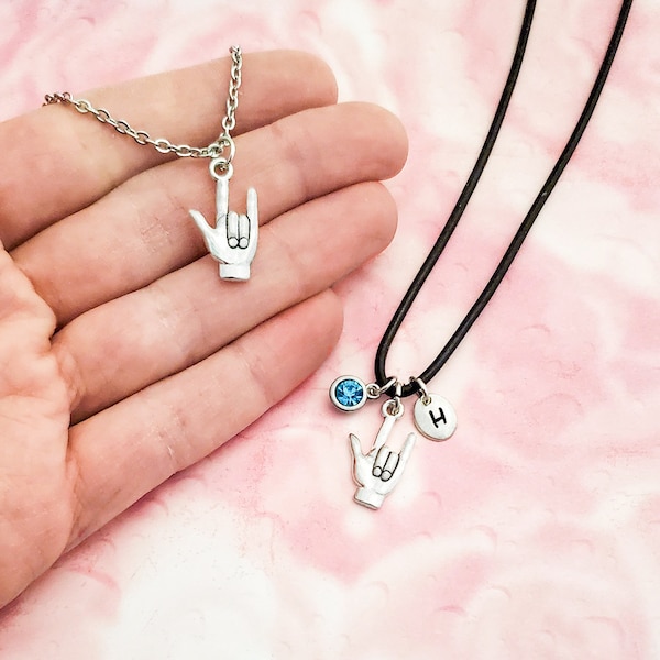 I Love You Sign Language Necklace With Optional Initial and/or Birthstone, ASL I Love You, I Love You Hand Sign Necklace, ASL Gift