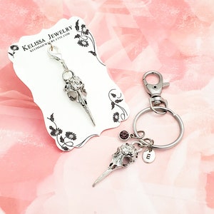 Raven Bird Skull Zipper Pull, Embellished Raven Skull Keychain Keyring, Gothic Jewelry