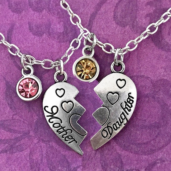 Mother Daughter Heart Necklaces, Birthstone Necklace, Broken Heart Set, 2 Necklaces