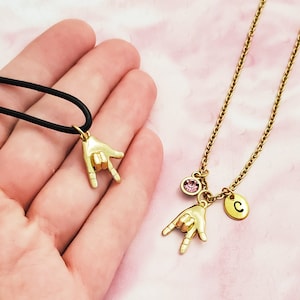 I Love You ASL Necklace: Gold Hand Sign, Initial & Birthstone Options