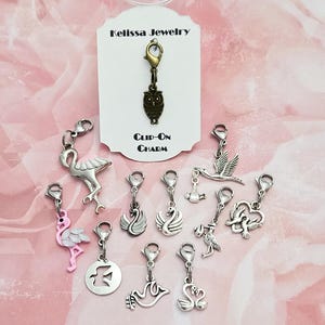 Birds Clip On Charms Zipper Pulls, Love Birds, Peace Birds, Stork, Flamingos, Your Choice!