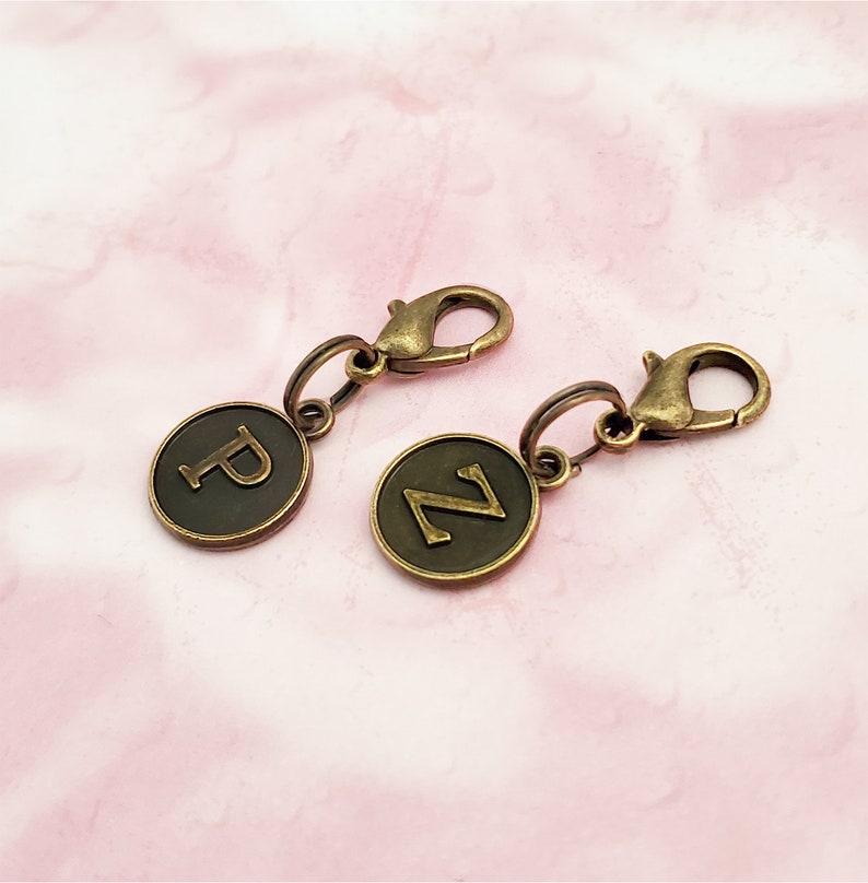 Bronze Letter Clip On Charms Zipper Pulls Initials, Antique Bronze Alphabet Letters, Personalized Zipper Pull With Initial image 5