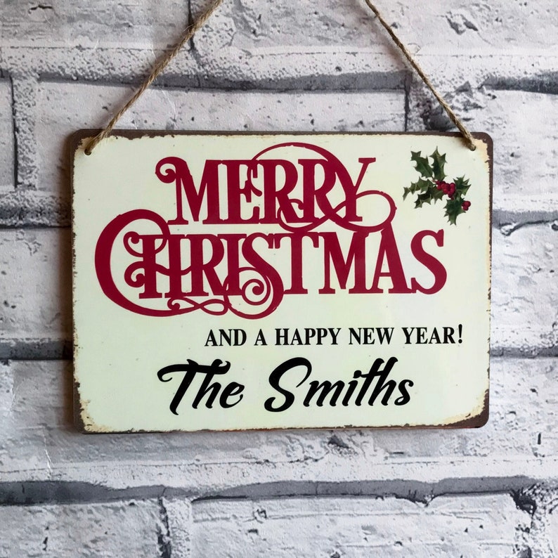 Merry Christmas Sign Personalised Shabby Vintage Hanging Xmas Decoration 