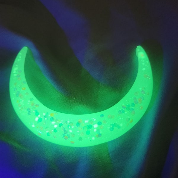 Pretty yellow green glowing resin crescent moon hair stick by Theirridatedfox