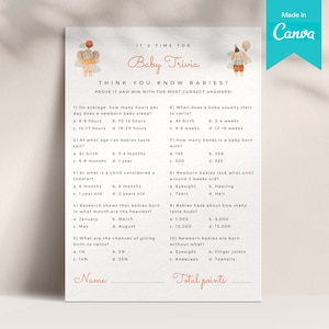 Tarjeta de juego de trivia para bebés 5x7 / Plantilla Canva del juego Boho Elephant & Rabbit Baby Shower / Plantilla minimalista de preguntas de trivia para futuros padres