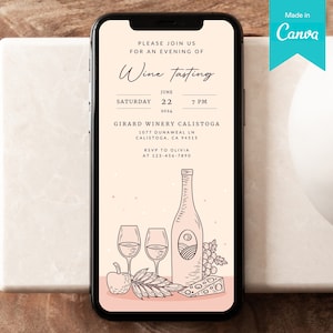 Wine Tasting Digital Invitation Canva Template | Editable Blind Wine Tasting Mobile Invite | Smartphone Minimalist Wine Tasting Party Evite