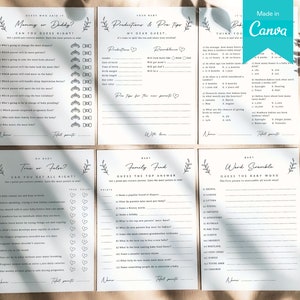 Lot de 6 cartes de jeu pour fête prénatale | Modèle Canva | Bébé maman ou papa, prédictions, anecdotes, vrai ou faux, querelles de famille et brouillage de mots