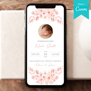 Modèle d’annonce numérique de naissance de bébé fille | Annonce florale rose pour bébé nouveau-né modifiable avec photo | Annonce sociale de naissance de fille