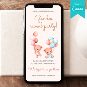 Plantilla de invitación móvil Bear Baby Gender Reveal / Boho Teddy Bear He or She Invitación digital / Editable Boy or Girl Gender Reveal Evite