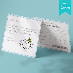 Plantilla Canva de recibo y carta azul del Hada de los Dientes imprimible / Paquete de recibos de cartas del Hada de los Dientes para almohada / Descarga instantánea editable