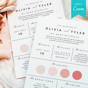 Modèle Canva de carte d’information de demoiselle d’honneur 5x7 | Carte d’information modifiable sur la fête nuptiale | Mariage Boho minimaliste | Carte d'information moderne