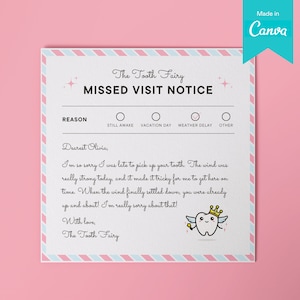 Plantilla de Canva de nota de disculpa rosa del Hada de los Dientes imprimible / Hada de los Dientes se olvidó de venir Carta Almohada / Chica editable Lo siento, llego tarde Descargar
