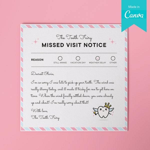 Printable Tooth Fairy Pink Apology Note Canva Template | Tooth Fairy Forgot To Come Letter Pillow | Editable Girl Sorry I'm Late Download