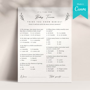 Tarjeta de juego de trivia para bebés 5x7 / Plantilla Canva del juego Boho Baby Shower / Plantilla de preguntas de trivia minimalista para futuros padres / Tarjeta de trivia para bebés