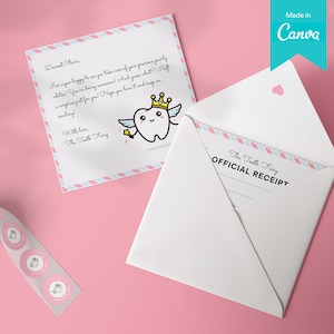 Plantilla de Canva del conjunto rosa del Hada de los Dientes imprimible / Sobre cuadrado, recibo, carta y pegatina de la niña del Hada de los Dientes / Descarga instantánea editable