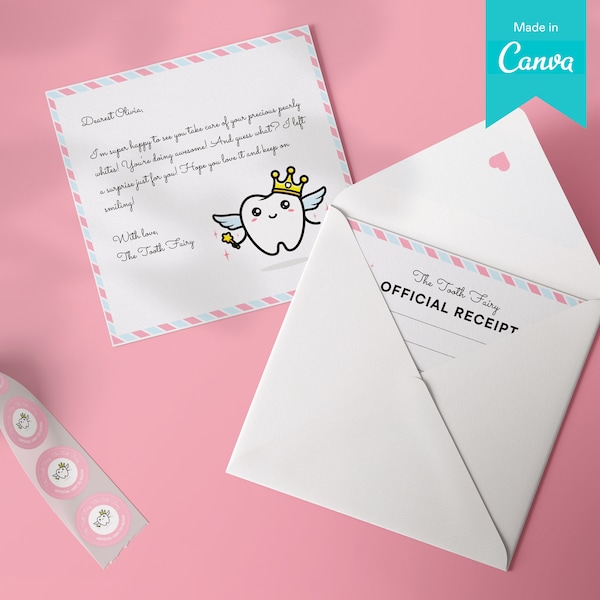 Printable Tooth Fairy Pink Set Canva Template | Tooth Fairy Girl Square Envelope, Receipt, Letter, and Sticker | Editable Instant Download