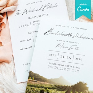 5x7 Winery Bachelorette Itinerary Canva Template | Editable Bachelorette Weekend Party Invitation | Napa Wine Weekend Boho Invite