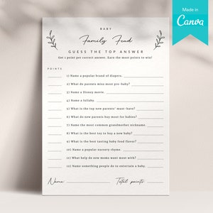 Carte de jeu 5x7 Baby Family Feud | Modèle imprimable Canva de jeu de baby shower Boho | Carte de jeu minimaliste Family Feud pour les futurs parents