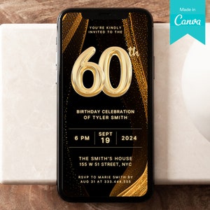 60th Birthday Invitation For Him And Her | Digital Sixty Birthday Party DIY Invite | Editable Gold Mobile Men And Women Text Message Evite