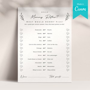 5x7 Bebé preferiría mamá tarjeta de juego / Boho Baby Shower Juego Canva Plantilla / Minimalista Quién conoce a mamá La mejor tarjeta de juego para que los padres sean